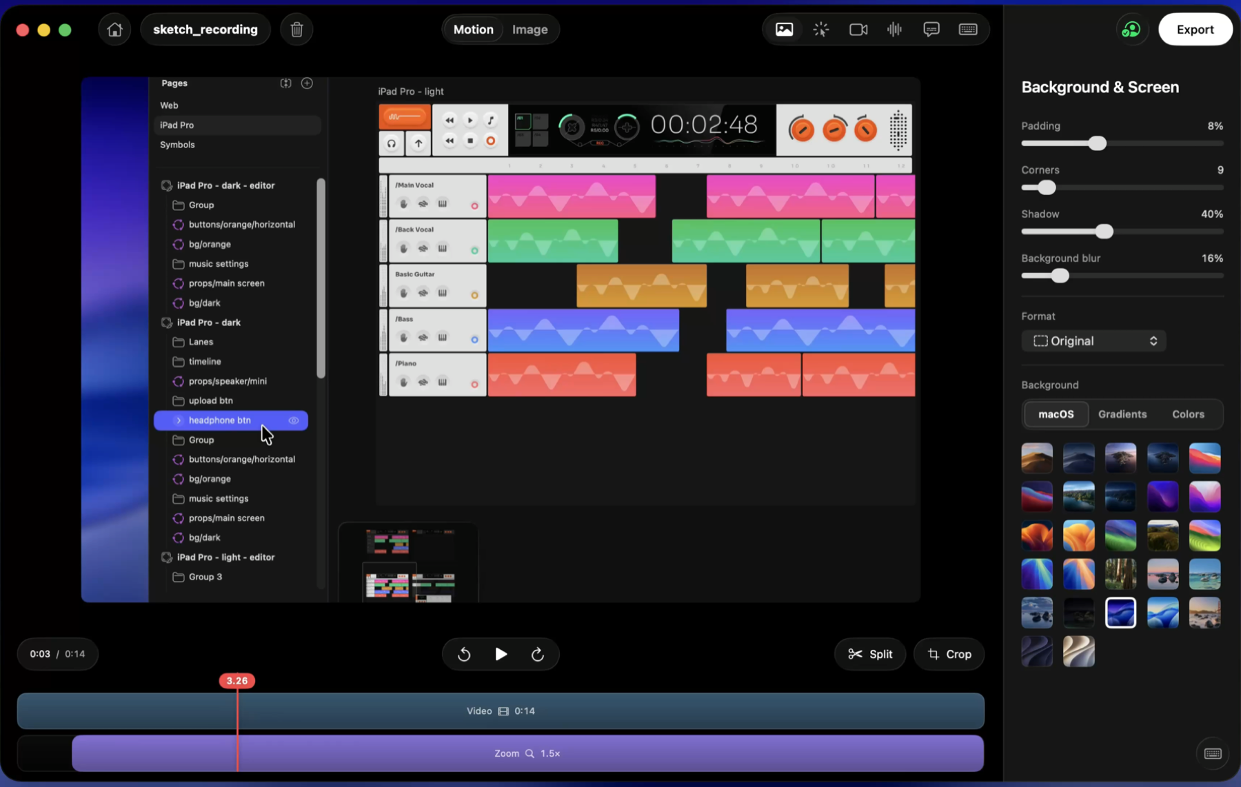 The Kiruna editor with a recording on a macOS backdrop and the background controls open