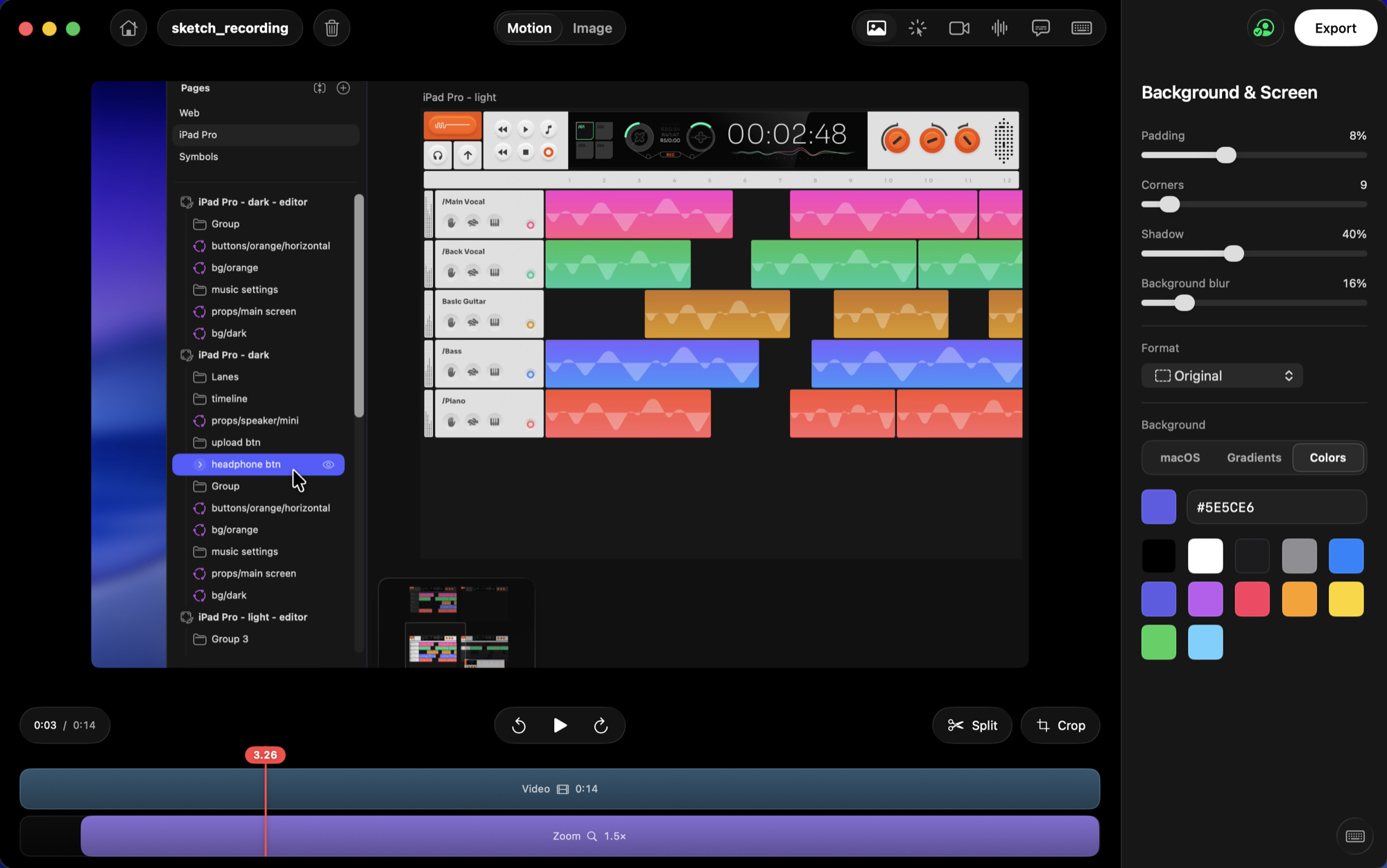 The Colors tab in Background, with a hex field and a palette of solid colours