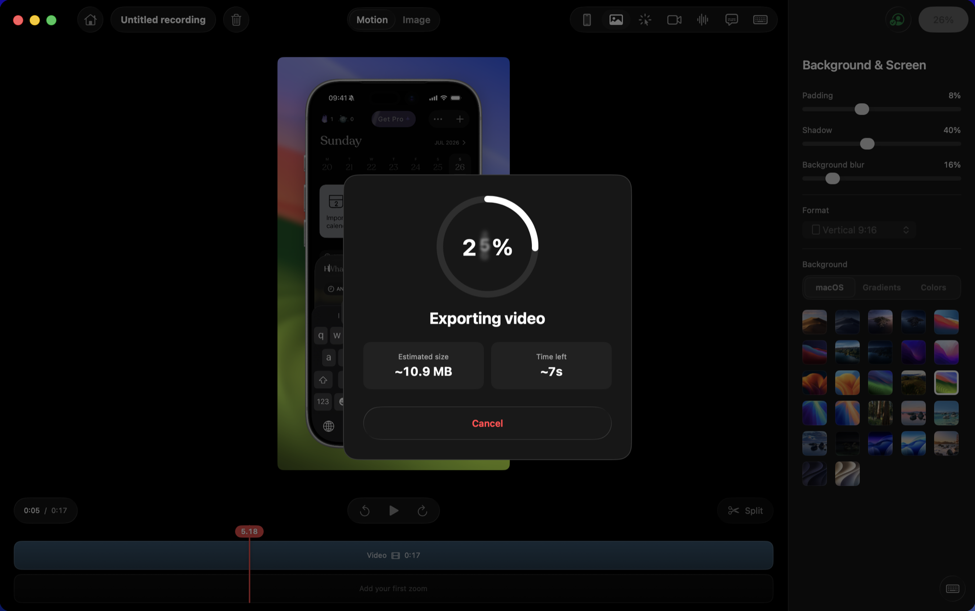 The Kiruna export screen, with a progress ring, the estimated file size and time left