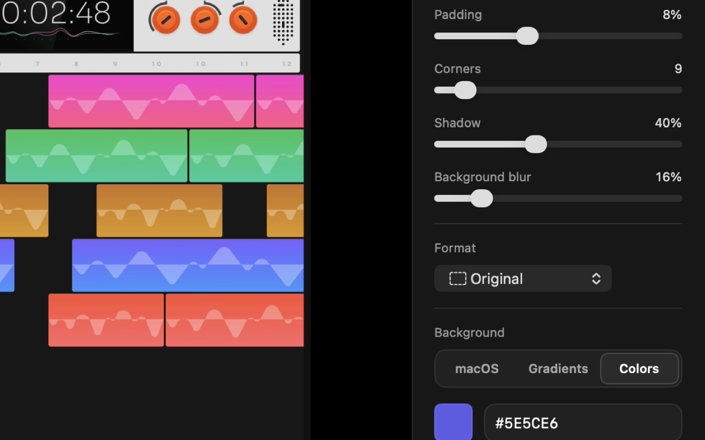 The Background panel in Kiruna with the Colors tab open, a hex field and a palette