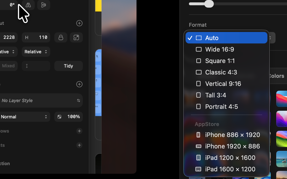 The Format menu in Kiruna listing Auto, Wide, Square, Vertical and the App Store sizes