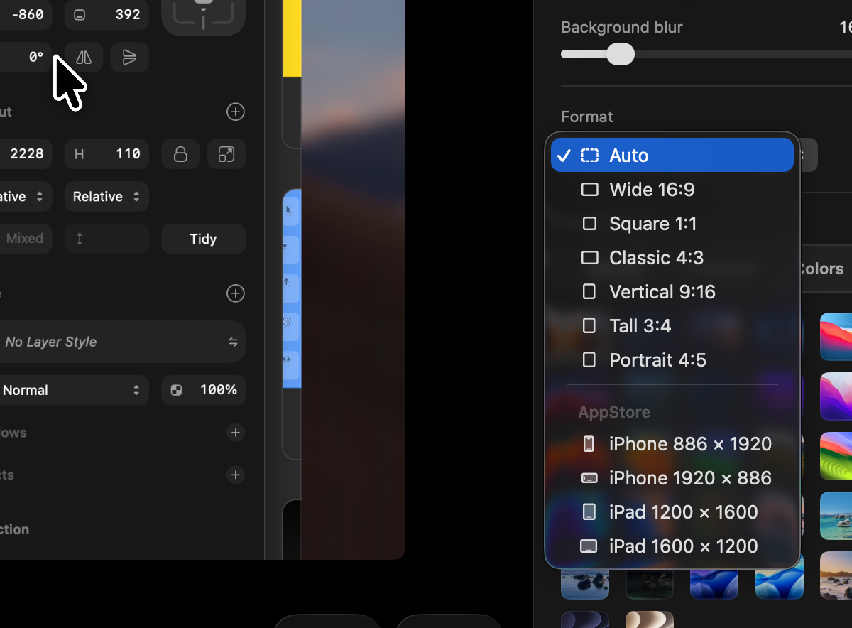 The Format menu in Kiruna with an AppStore group listing iPhone and iPad preview sizes