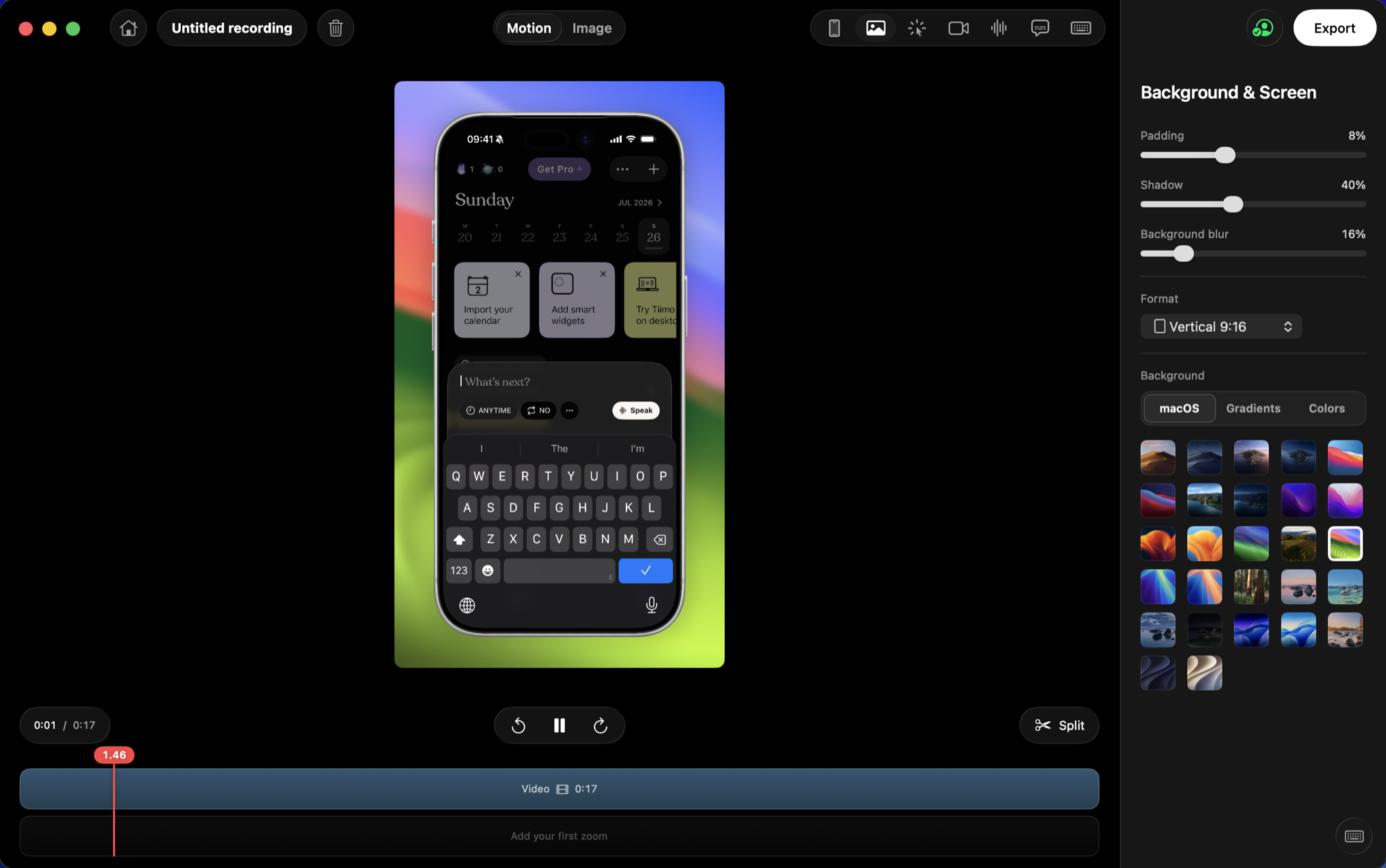 A portrait iPhone recording in the Kiruna editor, shown whole inside an iPhone frame
